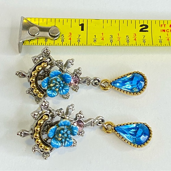 Vintage 1928 Blue Floral Drop Earrings Pink Accent Teardrop Crystal 2" - Picture 2 of 9